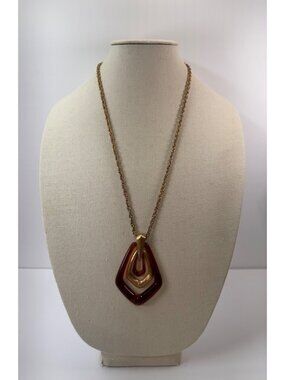 Vintage Avon Tortoise Lucite Pendant Necklace Gold Tone Geometric Retro